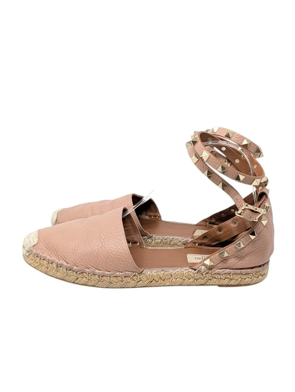 Valentino Garavani Blush Nude Beige Leather Rockstud Espadrille Flats Size EU 38